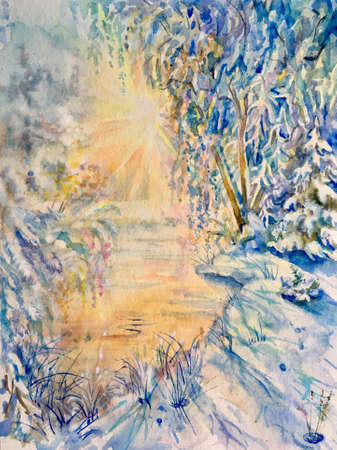 Winter landscape with a lake in the morning time. Watercolor christmas landscape.の写真素材