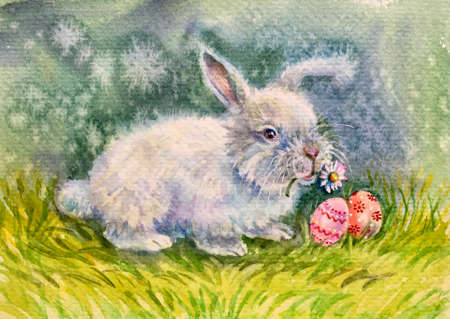 Watercolor easter bunny and easter eggs. Decorative eggs - pink, red. Horizontal view, copy space. Template for designs , card, wallpaper.の写真素材