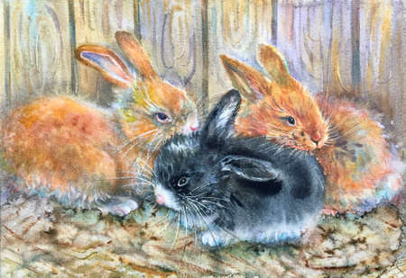 Watercolor little rabbits. Easter bunnies. Horizontal view, copy space. Template for designs , card, wallpaper.の写真素材