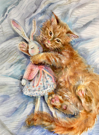 The cat hugs a toy bunny. Fluffy kitty. Watercolor.の写真素材
