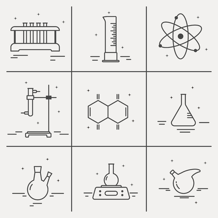 Icons set of chemical laboratory equipment in outline style. Graphic design elements for packaging, apps, website,advertising, poster and brochureのイラスト素材
