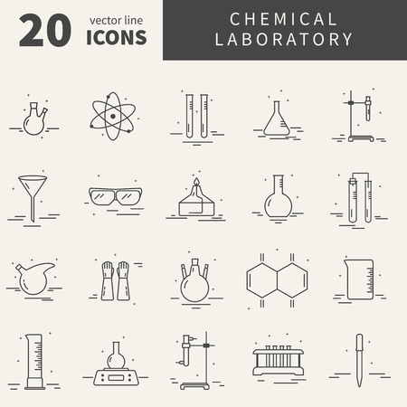 Collection of line vector icons with different symbols of chemical laboratory equipment. Graphic design elements for packaging, apps, website, advertising, poster and brochureのイラスト素材