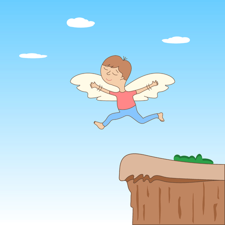 Cute cartoon colored character with wings soaring off a cliff on blue sky background. The Concept Of Icarus. Vector illustrationの写真素材