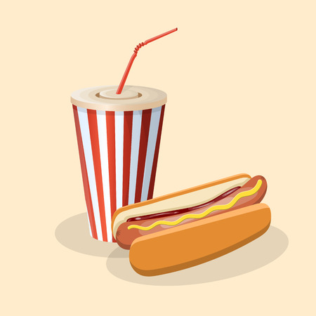 Hot dog on a bun with soda in a paper cup, vector illustrationのイラスト素材