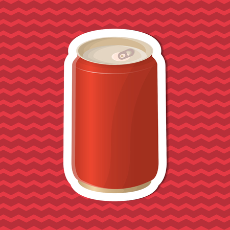 Sticker of soda in a tin can on red striped background. Graphic design elements for menu, poster, brochure. Vector illustration of fast food for bistro, snackbar, cafe or restaurant.のイラスト素材