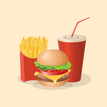 Burger, french fries and soda cup - cute cartoon colored picture. Graphic design elements for menu, poster, brochure. Vector illustration of fast food for bistro, snackbar, cafe or restaurant.のイラスト素材