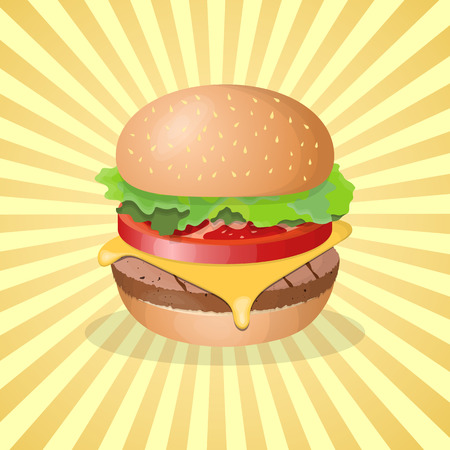 Hamburger - cute cartoon colored picture. Graphic design elements for menu, packaging, advertising, poster, brochure. Vector illustration of fast food for bistro, snackbar, cafe or restaurantのイラスト素材