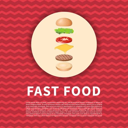 The ingredients of the Burger on red poster. Cute cartoon colored picture of fast food. Menu design elements. Vector illustration of fast food for bistro, snackbar, cafe or restaurant.の写真素材