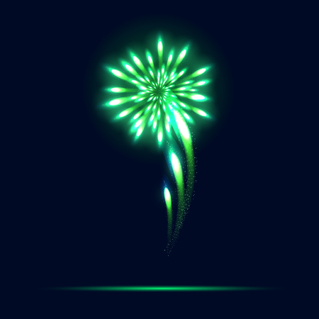 Bright emerald fireworks on a dark blue background. Green fireworks on dark sky. Vector illustrationのイラスト素材