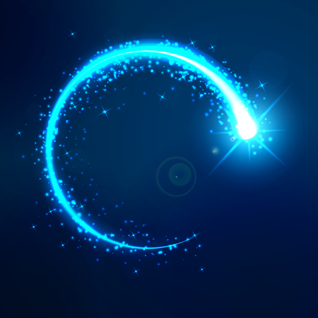 A bright flash in a circle on a dark blue background. Round bright blue neon effect. The whirlwind of shiny particles. Flashes of light on the blue background. Vector illustrationのイラスト素材