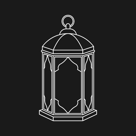 Islamic lantern for Muslim Community festival in linear style isolated on black background. Graphic design element for greeting card, invitation, flyer, banner. Vector illustrationのイラスト素材