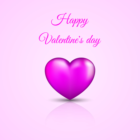 Happy Valentine's Day - cute greeting card. 3D realistic pink heart on a lilac background. Love concept. Vector illustrationのイラスト素材