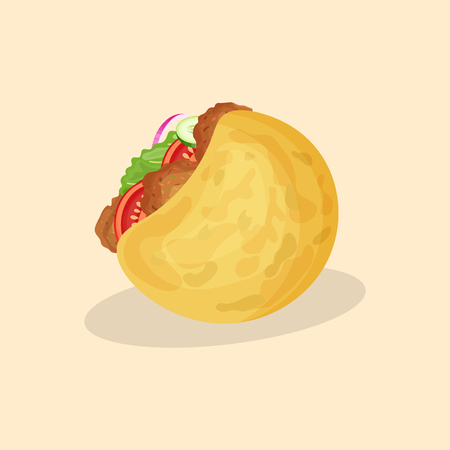 Falafel in pita - cute cartoon colored picture of traditional Arabic and Jewish food. Graphic design elements for menu, advertising, poster, brochure or background. Vector illustration of fast foodのイラスト素材