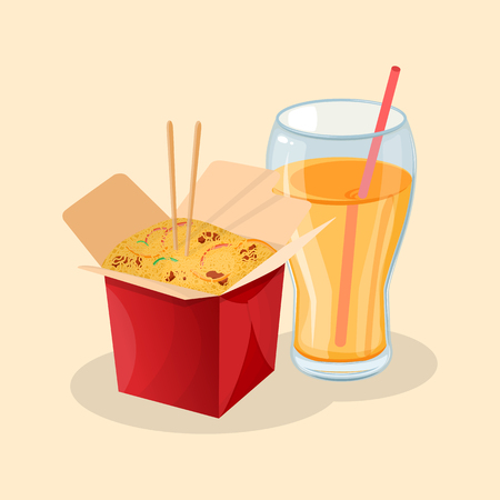 Box of wok noodles and fresh orange juice - cute cartoon colored picture. Graphic design elements for menu, poster, ad. Vector illustration of fast food for bistro, snackbar, cafe or restaurantのイラスト素材