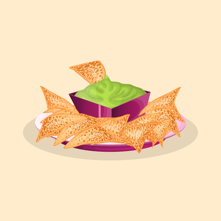 Delicious nachos with guacamole sauce - cute cartoon colored picture of traditional Mexican cuisine. Graphic design elements for menu, advertising, brochure. Vector illustration of fast foodのイラスト素材