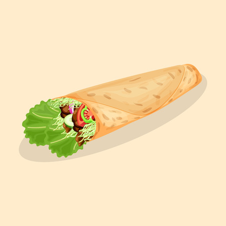 Delicious Shawarma - cute cartoon colored picture of traditional middle Eastern food. Graphic design elements for menu, advertising, poster, brochure or background. Vector illustration of fast foodのイラスト素材
