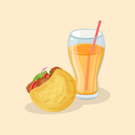Falafel in pita and fresh orange juice - cute cartoon colored picture. Graphic design elements for menu, poster, advertising. Vector illustration of fast food for bistro, snackbar, cafe or restaurantのイラスト素材