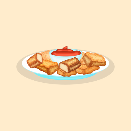 Delicious chicken nuggets with sauce - cute cartoon colored picture of fast food. Graphic design elements for menu, advertising, poster, brochure or background. Vector illustration of fast foodのイラスト素材