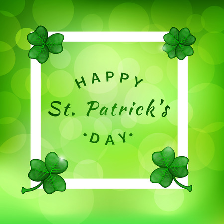 Saint Patrick's day - cute greeting card of traditional Ireland holiday with frame of green magical shamrock on the background bokeh. Vector illustrationのイラスト素材