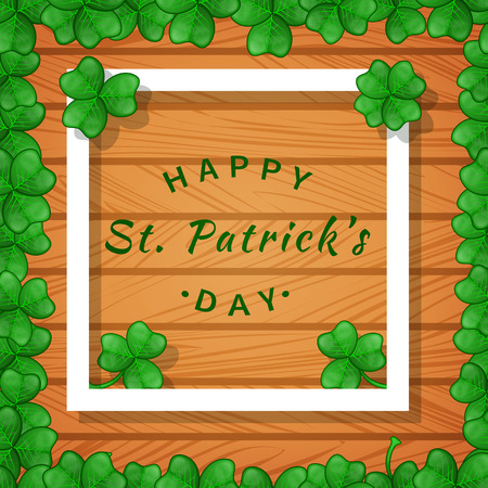 Saint Patrick's day - cute greeting card of traditional Ireland holiday with frame of green magical shamrock on wooden background. Cartoon vector illustrationのイラスト素材