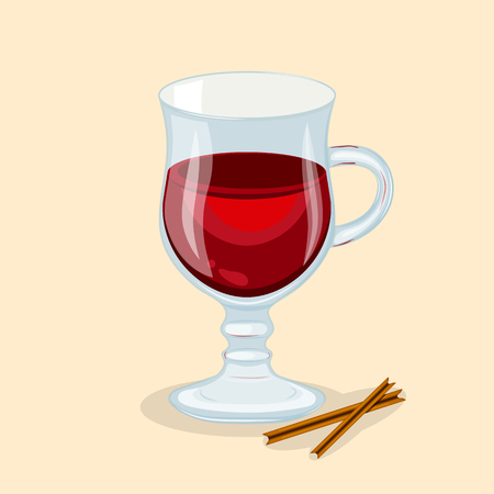 Delicious mulled wine with cinnamon sticks - cute cartoon colored picture of warming drink. Graphic design elements for menu, advertising, poster or background. Vector illustration of beverageのイラスト素材