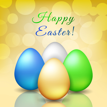 Happy Easter - cute greeting card with golden, silver, blue and green egg on golden background bokeh. Vector illustrationのイラスト素材