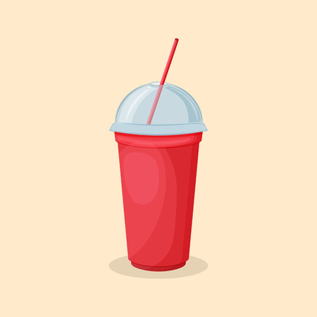 Soda water in a red cup with a straw and a transparent lid - cute cartoon colored picture of sweet drink. Graphic design elements for menu, advertising, poster. Vector illustration of beverageのイラスト素材