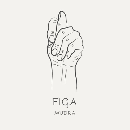 Figa mudra - gesture in yoga fingers. Symbol in Buddhism or Hinduism concept. Yoga technique for meditation. Promote physical and mental health. Vector illustrationのイラスト素材