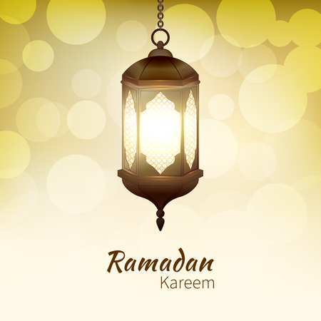 Ramadan Kareem - greeting card with hanging islamic lantern on golden bokeh background for Muslim Community festival. Bright lamp. Graphic design element for invitation, flyer. Vector illustrationのイラスト素材