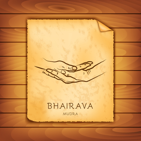 Ancient papyrus with the image of Bhairava-mudra on a wooden background. Symbol in Buddhism or Hinduism concept. Yoga technique for meditation. Promote physical and mental health. Vector illustrationのイラスト素材