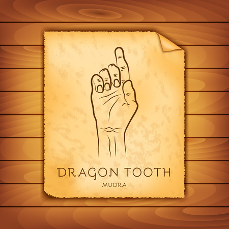 Ancient papyrus with the image of Dragon Tooth mudra on a wooden background. Symbol in Buddhism or Hinduism concept. Yoga technique for meditation, physical and mental health. Vector illustrationのイラスト素材