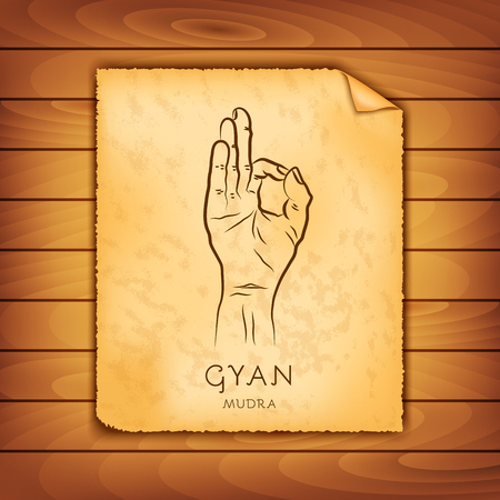 Ancient papyrus with the image of Gyan-mudra on a wooden background. Symbol in Buddhism or Hinduism concept. Yoga technique for meditation. Promote physical and mental health. Vector illustrationのイラスト素材