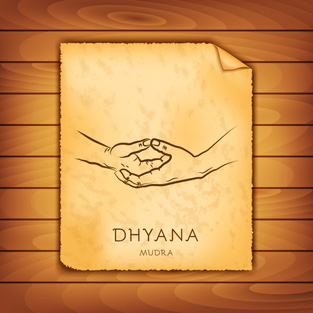 Ancient papyrus with the image of Dhyana-mudra on a wooden background. Symbol in Buddhism or Hinduism concept. Yoga technique for meditation. Promote physical and mental health. Vector illustrationのイラスト素材