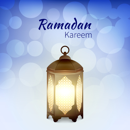 Ramadan Kareem - greeting card with islamic lantern on blue bokeh background for Muslim Community festival. Bright arabic lamp. Graphic design element for invitation, flyer. Vector illustrationのイラスト素材