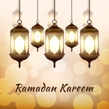 Ramadan Kareem - greeting card with islamic lanterns on golden bokeh background for Muslim Community festival. Bright arabic lamps. Graphic design element for invitation, flyer. Vector illustrationのイラスト素材