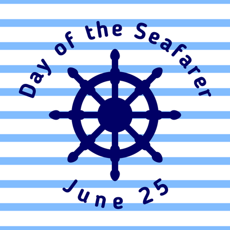 Day of the Seafarer - greeting card with steering wheel and with blue stripes. Template for your design. Vector illustrationのイラスト素材