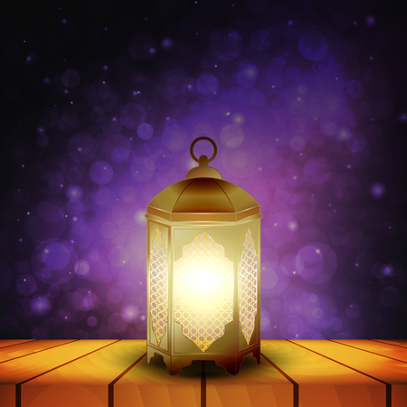 Islamic lantern on wooden table and purple night background with bokeh for Muslim Community festival. Bright beautiful arabic lamp. Design element for greeting card, invitation. Vector illustrationのイラスト素材