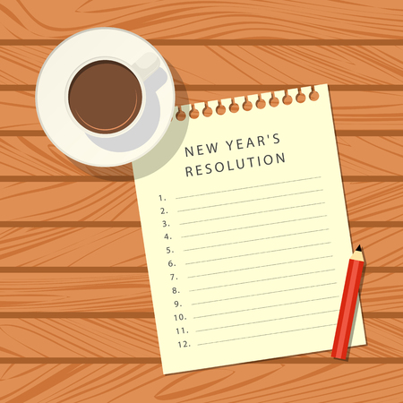 The notebook sheet with a list of new year's resolution, red pencil, calculator and cup of coffee on a wooden table. Top view. Vector illustrationのイラスト素材