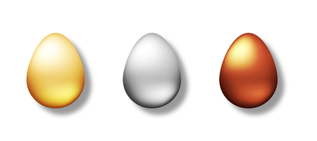 Set of golden, silver and bronze eggs isolated on white background. Realistic top view on the 3d object. Vector illustration for Easterのイラスト素材