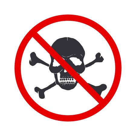 Red Round Danger Sign with Skull and Crossbones Symbol. Deadly Danger Sign, Warning Sign. Concept of Pirates Banned. Vector Illustration Isolated on White Backgroundのイラスト素材