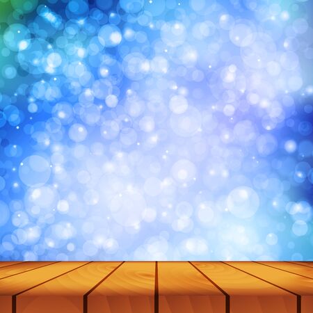 Wooden realistic table for presentations your product on a blue background bokeh. 3d vector illustrationのイラスト素材