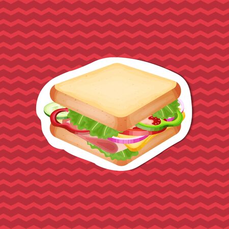 Sandwich - sticker on red striped background. Graphic design elements for menu, packaging, advertising, poster, brochure or background. Vector illustration of fast foodのイラスト素材