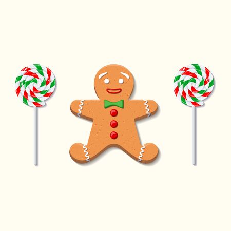 Cute sweet gingerbread man with green bow tie and red buttons made of icing and two candy lollipops on white background. Element for greeting card on New Year and Christmas. Vector illustrationのイラスト素材