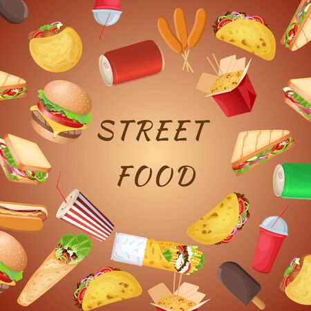 A set of varied street food and fast food on a brown background. Graphic design elements for menu, poster, brochure. Vector illustration of fast food for bistro, snackbar, cafe or restaurantのイラスト素材