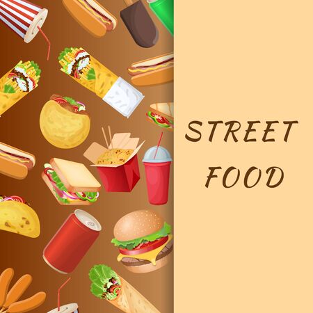 A set of varied street food and fast food on a brown background. Graphic design elements for menu, poster, brochure. Vector illustration of fast food for bistro, snackbar, cafe or restaurantのイラスト素材