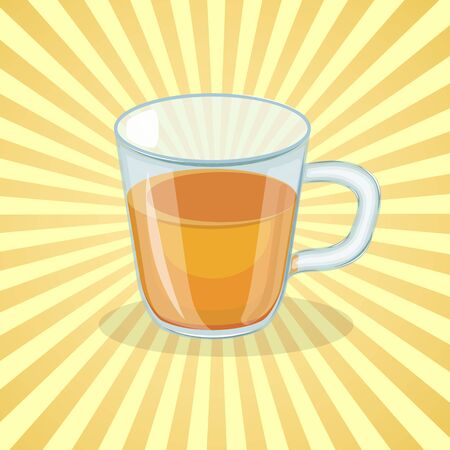 Tea in a glass transparent cup - cute cartoon colored picture of delicious drink. Graphic design elements for menu, packaging, advertising, poster, brochure. Vector illustration of beverageのイラスト素材