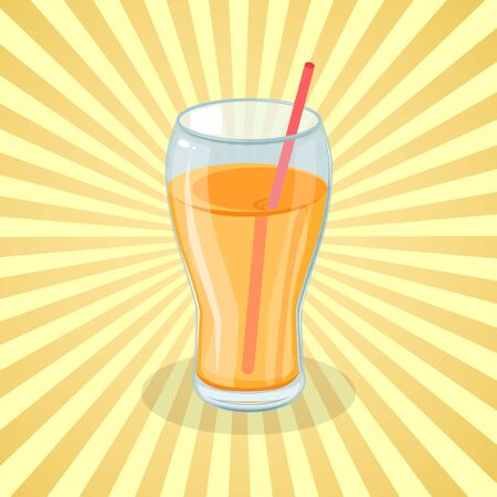 Fresh orange juice in a glass with a straw - cute cartoon colored picture of sweet delicious drink. Graphic design elements for menu, advertising, poster or packaging. Vector illustration of beverageのイラスト素材