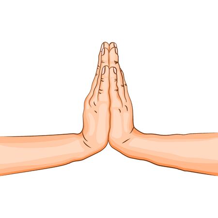 Namaste mudra - gesture in yoga fingers. Symbol in Buddhism or Hinduism. Yoga technique for meditation. Realistic colored hand in gesture. Promote physical and mental health. Vector illustrationのイラスト素材