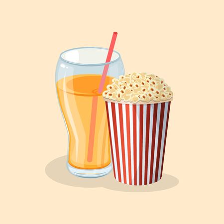 Popcorn and fresh orange juice - cute cartoon colored picture. Graphic design elements for menu, poster, brochure, ad. Vector illustration of fast food for bistro, snackbar, cafe or restaurantのイラスト素材