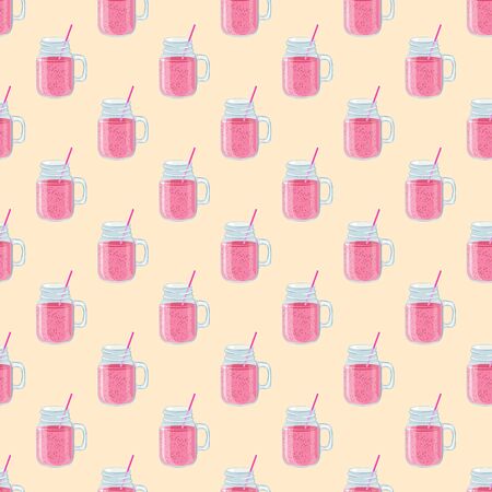 Seamless pattern with delicious strawberry smoothies on yellow background. Vector illustration of drinks in cartoon styleのイラスト素材